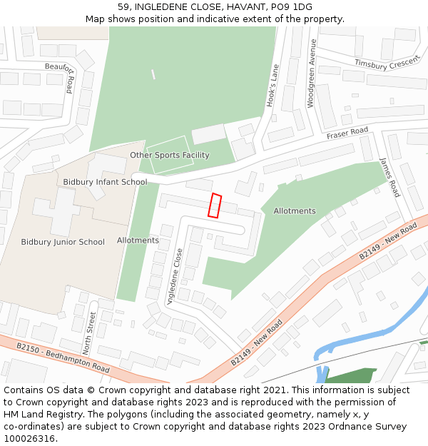 59, INGLEDENE CLOSE, HAVANT, PO9 1DG: Location map and indicative extent of plot