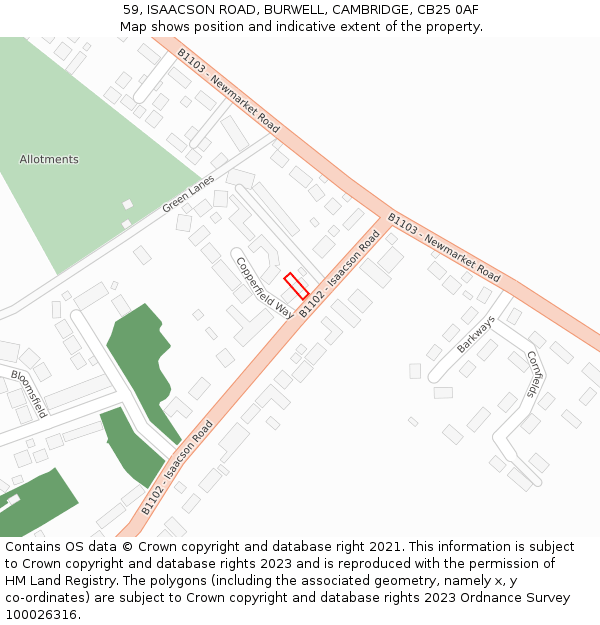 59, ISAACSON ROAD, BURWELL, CAMBRIDGE, CB25 0AF: Location map and indicative extent of plot