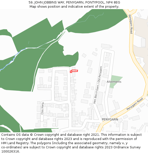 59, JOHN JOBBINS WAY, PENYGARN, PONTYPOOL, NP4 8EG: Location map and indicative extent of plot