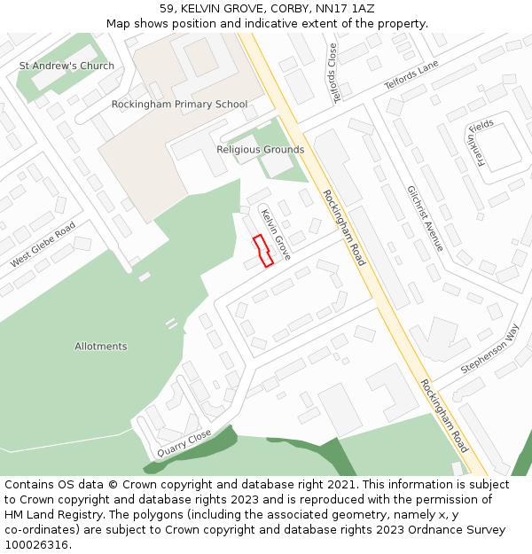 59, KELVIN GROVE, CORBY, NN17 1AZ: Location map and indicative extent of plot