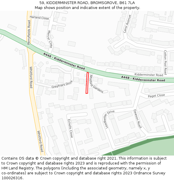 59, KIDDERMINSTER ROAD, BROMSGROVE, B61 7LA: Location map and indicative extent of plot