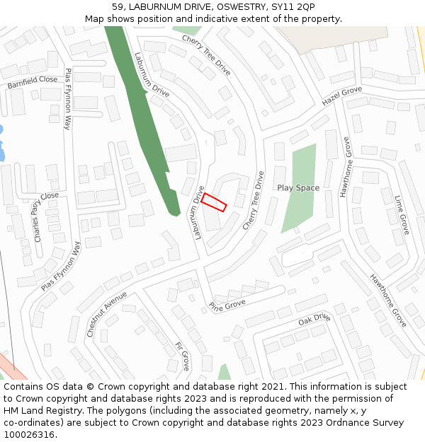 59, LABURNUM DRIVE, OSWESTRY, SY11 2QP: Location map and indicative extent of plot