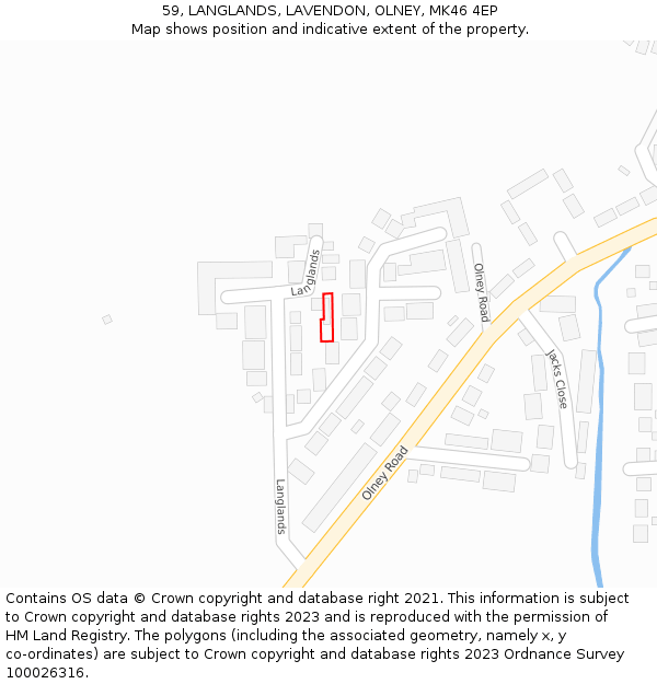 59, LANGLANDS, LAVENDON, OLNEY, MK46 4EP: Location map and indicative extent of plot