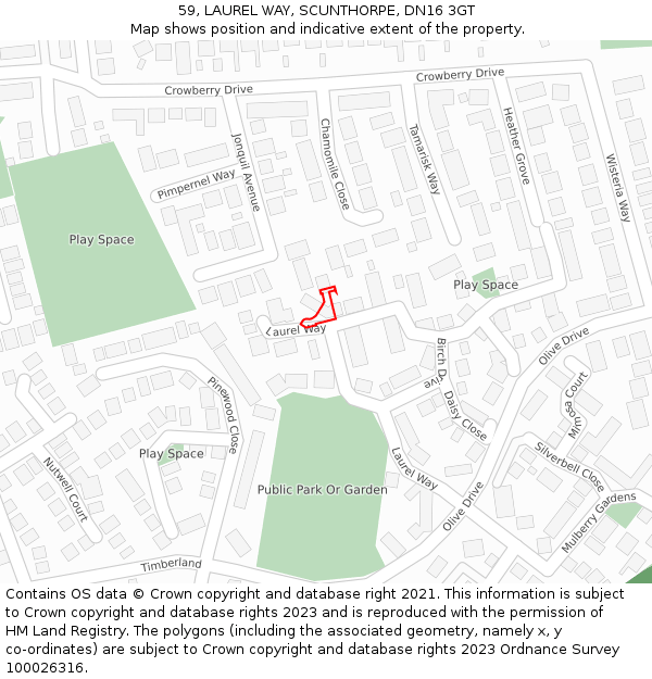 59, LAUREL WAY, SCUNTHORPE, DN16 3GT: Location map and indicative extent of plot