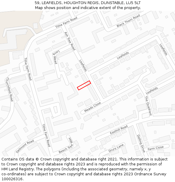 59, LEAFIELDS, HOUGHTON REGIS, DUNSTABLE, LU5 5LT: Location map and indicative extent of plot