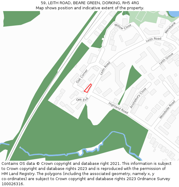 59, LEITH ROAD, BEARE GREEN, DORKING, RH5 4RG: Location map and indicative extent of plot