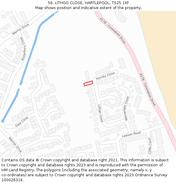 59, LITHGO CLOSE, HARTLEPOOL, TS25 1XF: Location map and indicative extent of plot