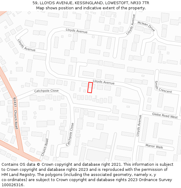 59, LLOYDS AVENUE, KESSINGLAND, LOWESTOFT, NR33 7TR: Location map and indicative extent of plot