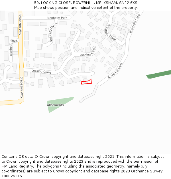 59, LOCKING CLOSE, BOWERHILL, MELKSHAM, SN12 6XS: Location map and indicative extent of plot