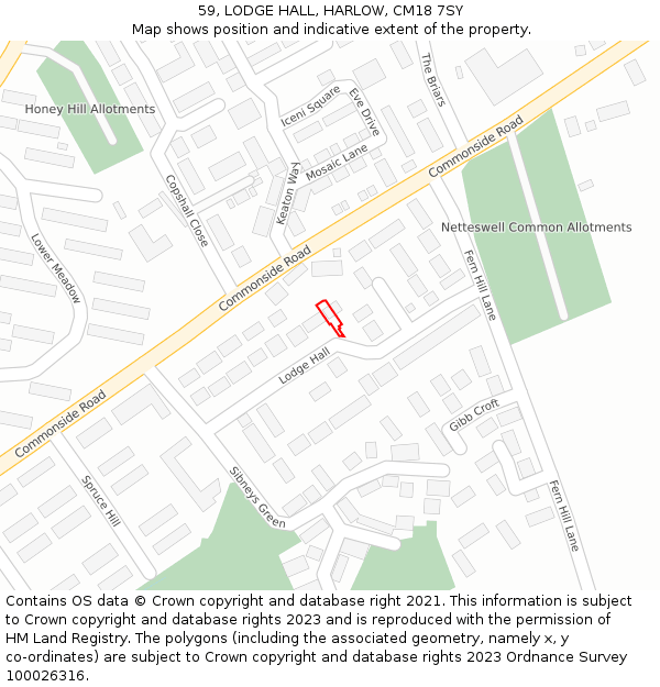 59, LODGE HALL, HARLOW, CM18 7SY: Location map and indicative extent of plot