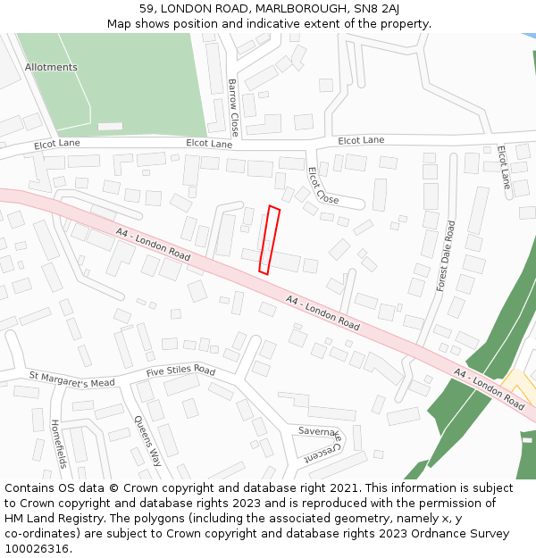 59, LONDON ROAD, MARLBOROUGH, SN8 2AJ: Location map and indicative extent of plot