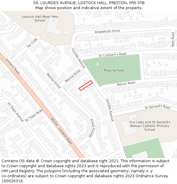 59, LOURDES AVENUE, LOSTOCK HALL, PRESTON, PR5 5TB: Location map and indicative extent of plot