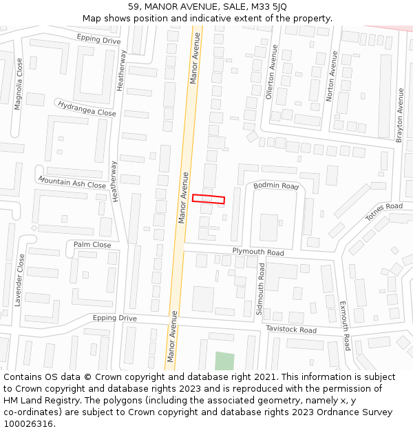 59, MANOR AVENUE, SALE, M33 5JQ: Location map and indicative extent of plot