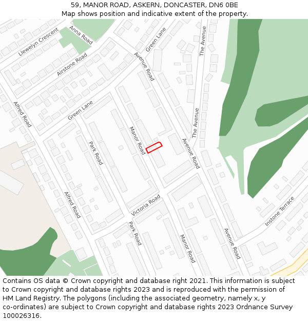 59, MANOR ROAD, ASKERN, DONCASTER, DN6 0BE: Location map and indicative extent of plot