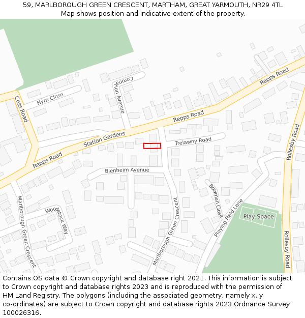 59, MARLBOROUGH GREEN CRESCENT, MARTHAM, GREAT YARMOUTH, NR29 4TL: Location map and indicative extent of plot