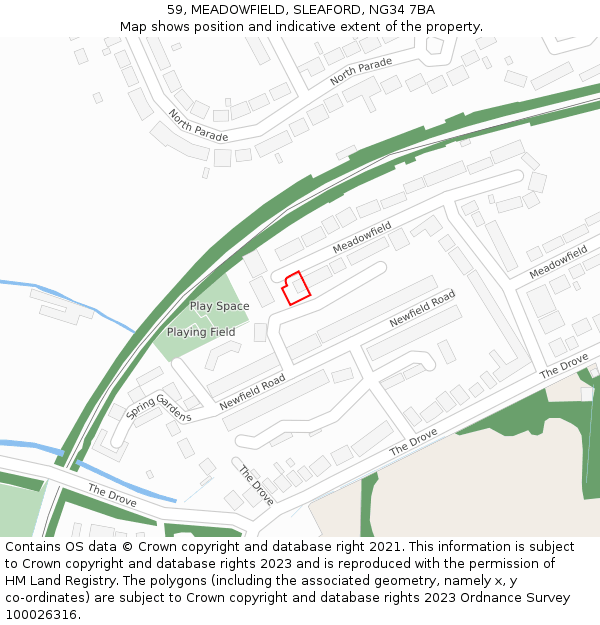 59, MEADOWFIELD, SLEAFORD, NG34 7BA: Location map and indicative extent of plot