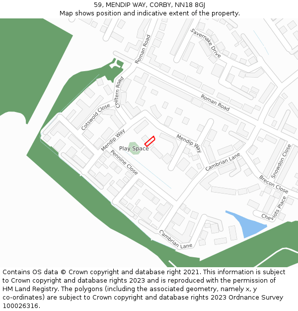59, MENDIP WAY, CORBY, NN18 8GJ: Location map and indicative extent of plot