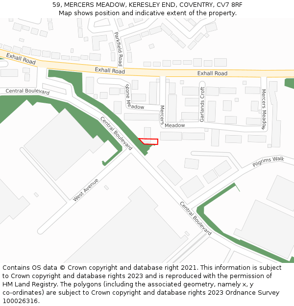 59, MERCERS MEADOW, KERESLEY END, COVENTRY, CV7 8RF: Location map and indicative extent of plot