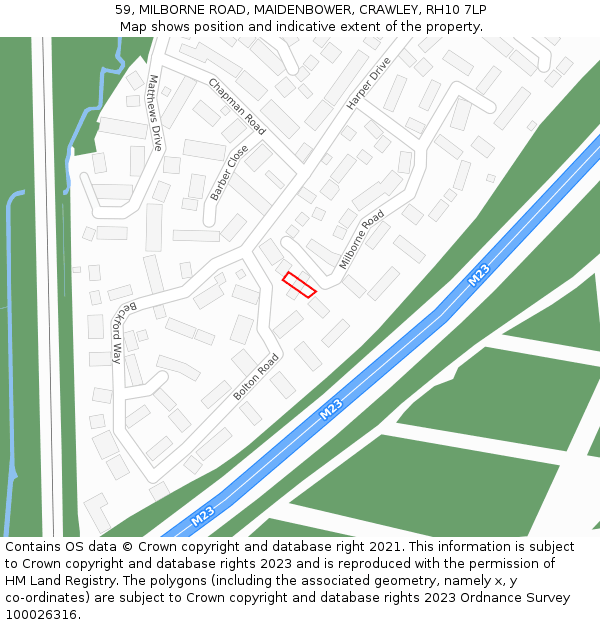 59, MILBORNE ROAD, MAIDENBOWER, CRAWLEY, RH10 7LP: Location map and indicative extent of plot