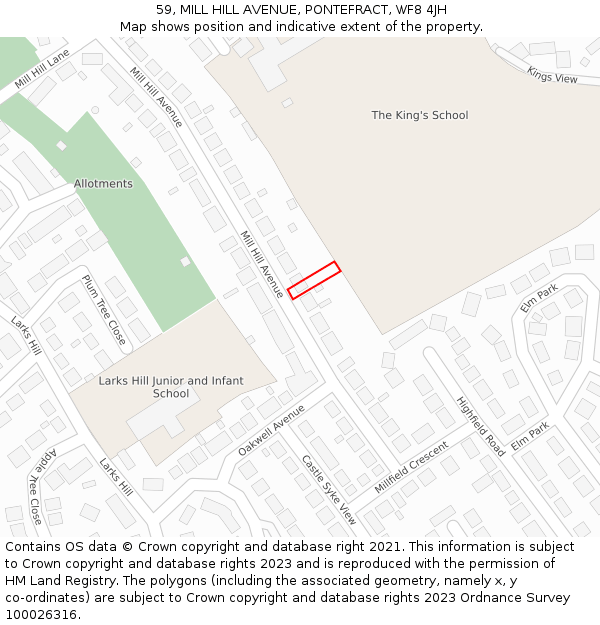 59, MILL HILL AVENUE, PONTEFRACT, WF8 4JH: Location map and indicative extent of plot