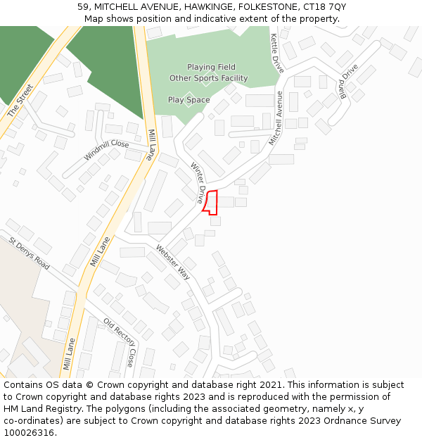 59, MITCHELL AVENUE, HAWKINGE, FOLKESTONE, CT18 7QY: Location map and indicative extent of plot