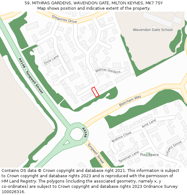 59, MITHRAS GARDENS, WAVENDON GATE, MILTON KEYNES, MK7 7SY: Location map and indicative extent of plot