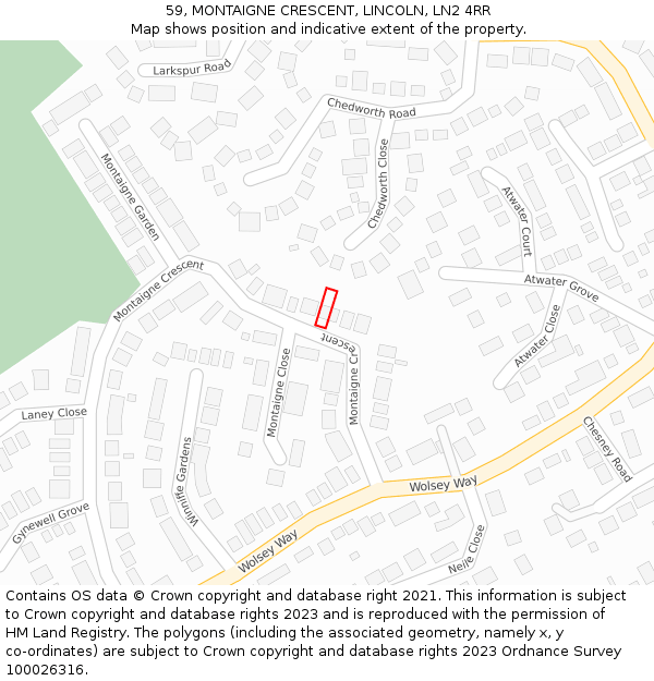 59, MONTAIGNE CRESCENT, LINCOLN, LN2 4RR: Location map and indicative extent of plot