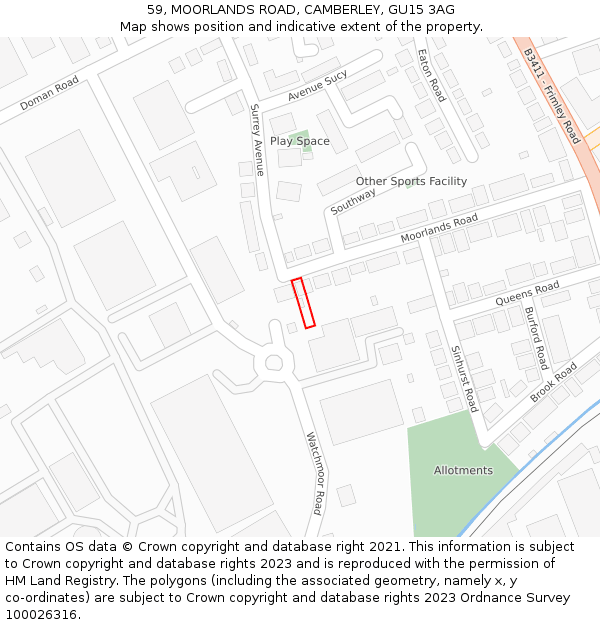 59, MOORLANDS ROAD, CAMBERLEY, GU15 3AG: Location map and indicative extent of plot