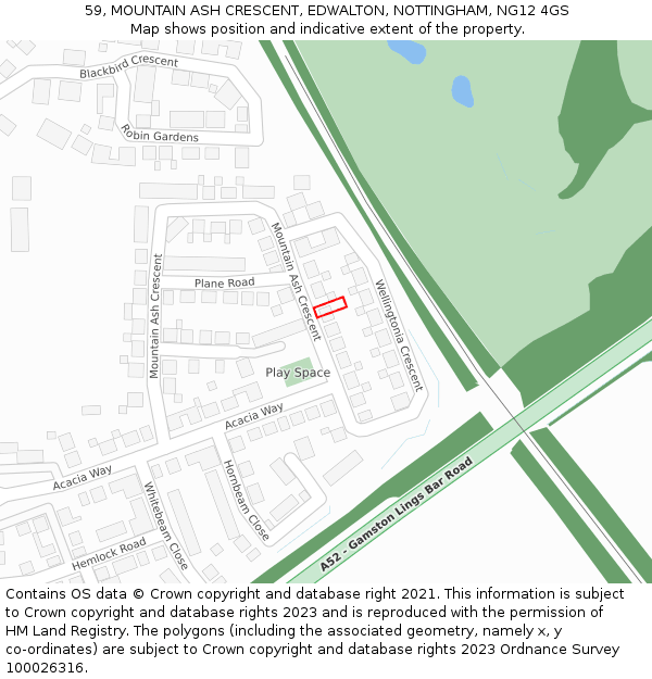 59, MOUNTAIN ASH CRESCENT, EDWALTON, NOTTINGHAM, NG12 4GS: Location map and indicative extent of plot