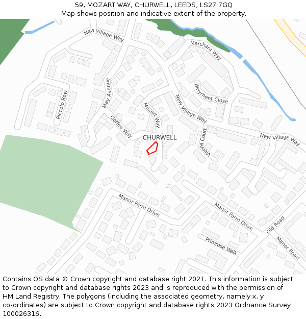 59, MOZART WAY, CHURWELL, LEEDS, LS27 7GQ: Location map and indicative extent of plot