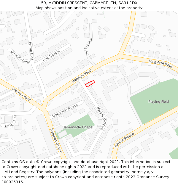 59, MYRDDIN CRESCENT, CARMARTHEN, SA31 1DX: Location map and indicative extent of plot