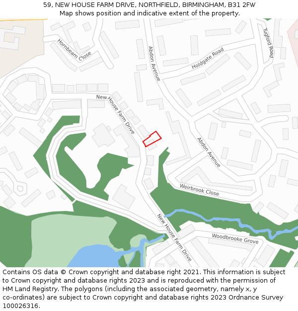 59, NEW HOUSE FARM DRIVE, NORTHFIELD, BIRMINGHAM, B31 2FW: Location map and indicative extent of plot