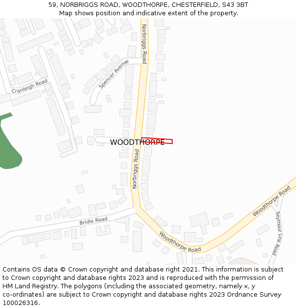 59, NORBRIGGS ROAD, WOODTHORPE, CHESTERFIELD, S43 3BT: Location map and indicative extent of plot