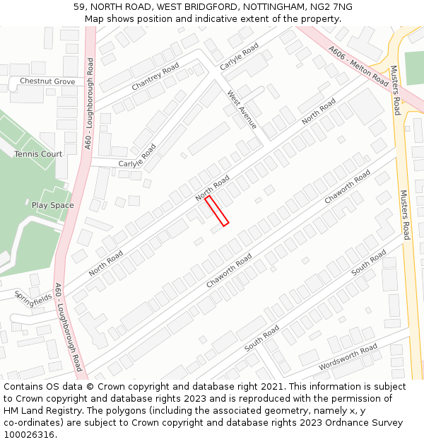 59, NORTH ROAD, WEST BRIDGFORD, NOTTINGHAM, NG2 7NG: Location map and indicative extent of plot