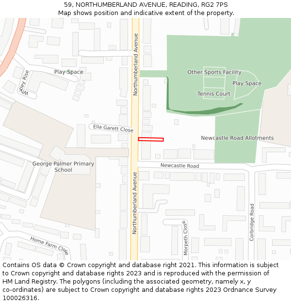 59, NORTHUMBERLAND AVENUE, READING, RG2 7PS: Location map and indicative extent of plot