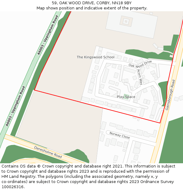 59, OAK WOOD DRIVE, CORBY, NN18 9BY: Location map and indicative extent of plot