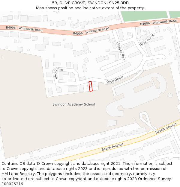 59, OLIVE GROVE, SWINDON, SN25 3DB: Location map and indicative extent of plot