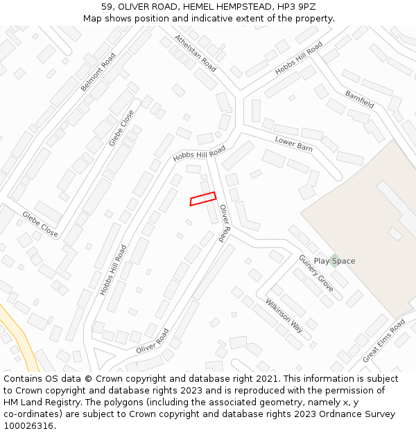 59, OLIVER ROAD, HEMEL HEMPSTEAD, HP3 9PZ: Location map and indicative extent of plot