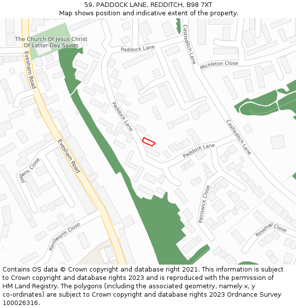 59, PADDOCK LANE, REDDITCH, B98 7XT: Location map and indicative extent of plot