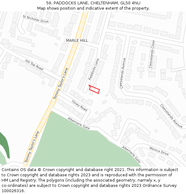 59, PADDOCKS LANE, CHELTENHAM, GL50 4NU: Location map and indicative extent of plot