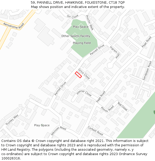 59, PANNELL DRIVE, HAWKINGE, FOLKESTONE, CT18 7QP: Location map and indicative extent of plot