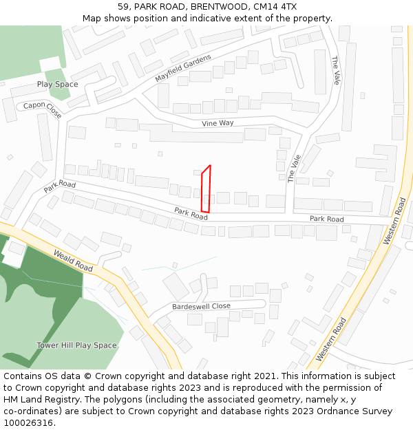 59, PARK ROAD, BRENTWOOD, CM14 4TX: Location map and indicative extent of plot