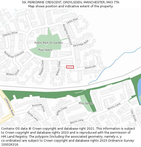 59, PEREGRINE CRESCENT, DROYLSDEN, MANCHESTER, M43 7TA: Location map and indicative extent of plot