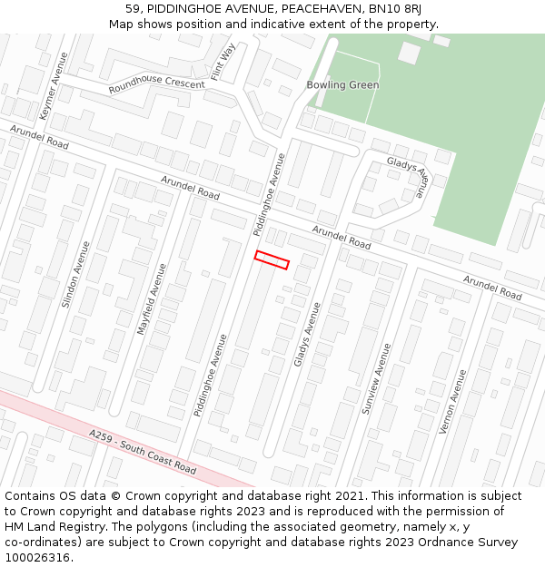 59, PIDDINGHOE AVENUE, PEACEHAVEN, BN10 8RJ: Location map and indicative extent of plot