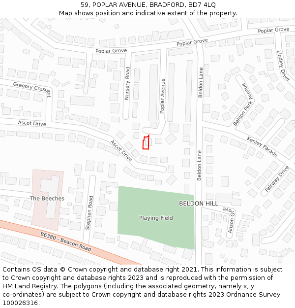 59, POPLAR AVENUE, BRADFORD, BD7 4LQ: Location map and indicative extent of plot