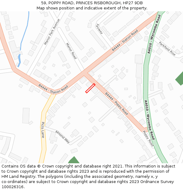 59, POPPY ROAD, PRINCES RISBOROUGH, HP27 9DB: Location map and indicative extent of plot