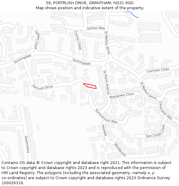 59, PORTRUSH DRIVE, GRANTHAM, NG31 9GD: Location map and indicative extent of plot