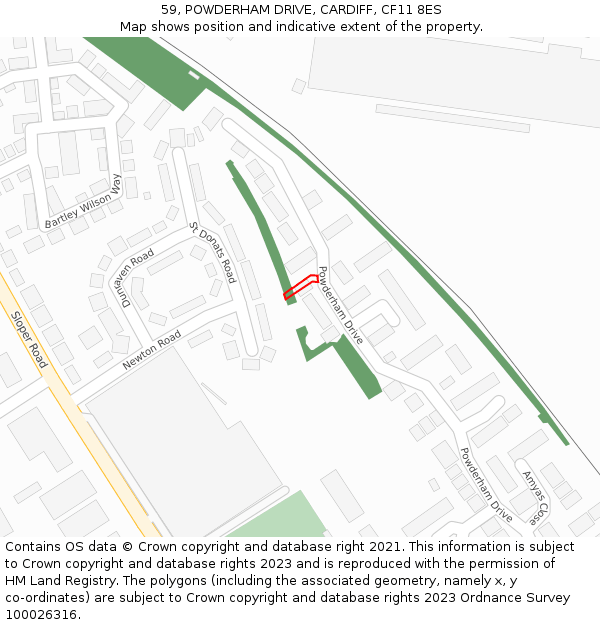 59, POWDERHAM DRIVE, CARDIFF, CF11 8ES: Location map and indicative extent of plot