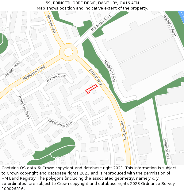 59, PRINCETHORPE DRIVE, BANBURY, OX16 4FN: Location map and indicative extent of plot