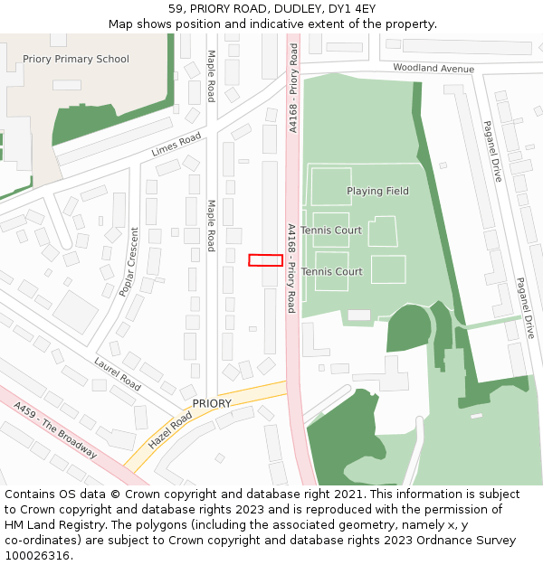 59, PRIORY ROAD, DUDLEY, DY1 4EY: Location map and indicative extent of plot